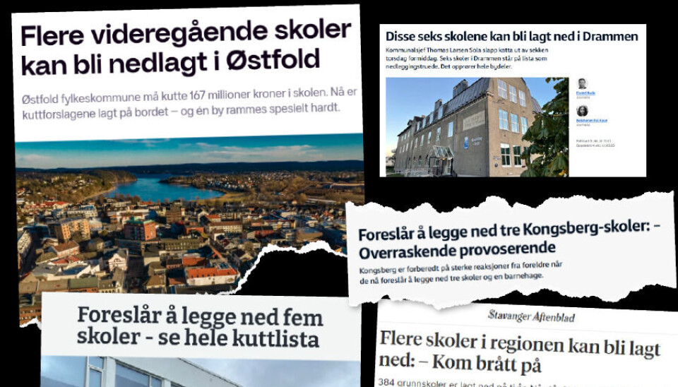 Faksimiler av avisoverskrifter om skolenedleggelser
